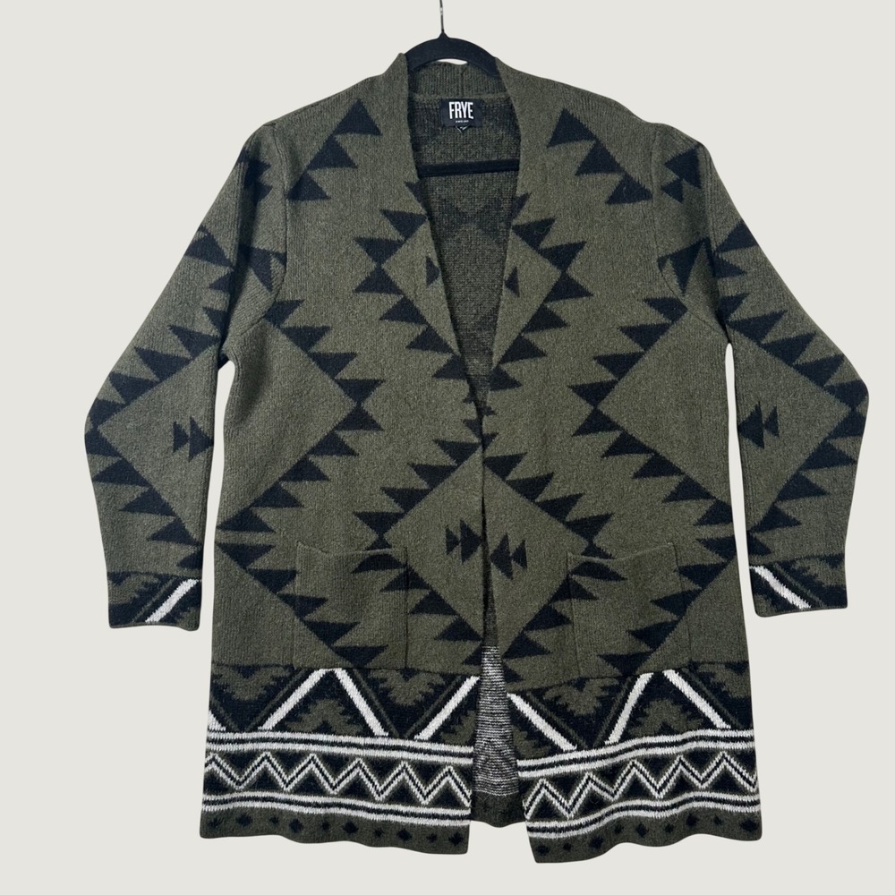 Frye Cardigan Sweater Southwestern XL Olive Green Aztec Tribal Boho Pockets